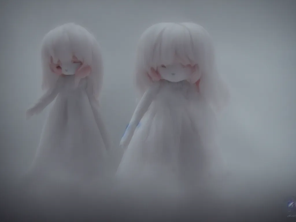 Image similar to cute fumo plush girl ghost in the haze of the murky river, smoke and volumetric fog, light shafts, light and shadow, vray