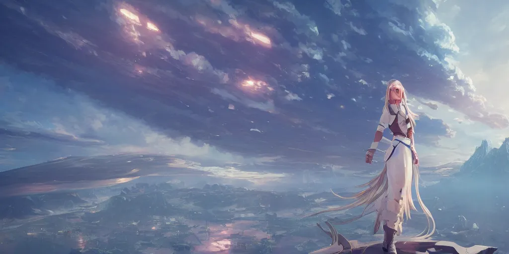 Image similar to portrait girl of the white herald on an imperial airship, forbidden west, horizon zero, dawn radiating a glowing aura, global illumination, ray tracing, hdr, fanart, arstation, by makoto shinkai & ian pesty & alena aenami, artworks in 4 k