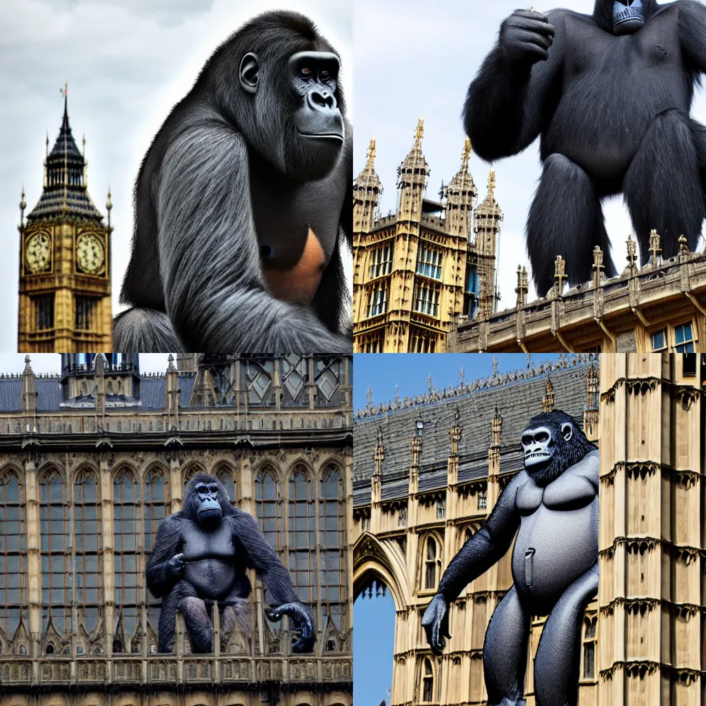 Prompt: The giant ape King Kong, on the top of the Houses of Parliament in London