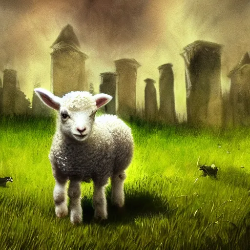 Image similar to baby lamb in a green field, horror, creepy, dark souls, concept art