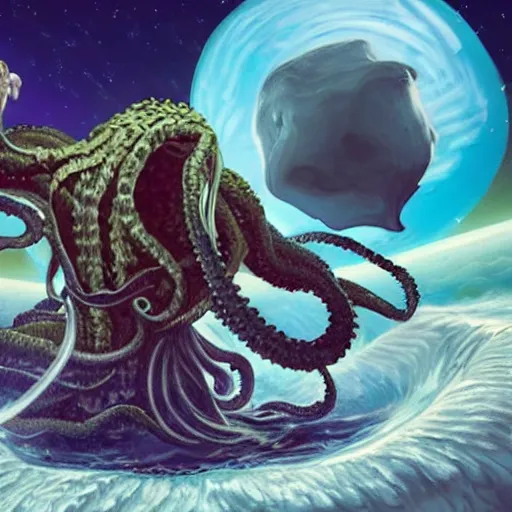 Prompt: a kraken fighting a powerful astronaut wizard, hyperrealistic render