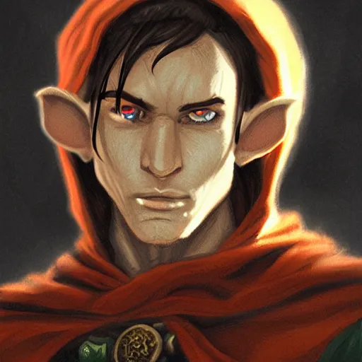 Prompt: Character portrait, face close up: Elf Male Monk/Ranger. Shadow and Gloom. In the style of Ralph Horsley