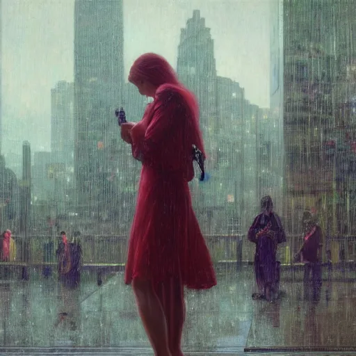 Prompt: detailed portrait of a woman, moment, cyberpunk cloisters, electronic billboards, tech noir, wet reflections, atmospheric, ambient, livia prima, greg rutkowski, wlop, george tooker, gil elvgren, grant wood, alexis flower, hopper, mucha, whistler, norman rockwell, peter max,