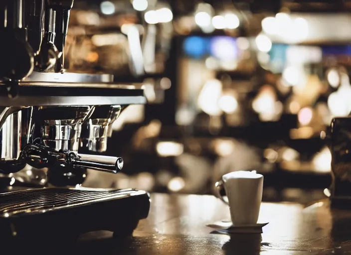 Image similar to a 2 8 mm macro photo from the back of a barista standing at the espresso machine in a cozy cafe, splash art, movie still, bokeh, canon 5 0 mm, cinematic lighting, dramatic, film, photography, golden hour, depth of field, award - winning, anamorphic lens flare, 8 k, hyper detailed, 3 5 mm film grain, hazy