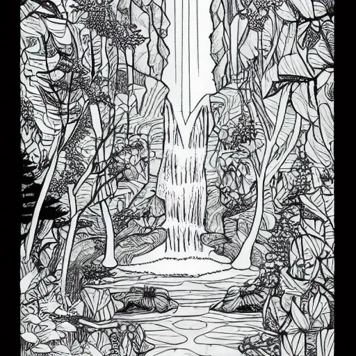 Prompt: an adult coloring page of a waterfall in the enchanted forest, light detail