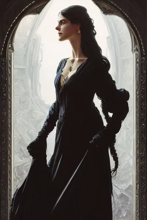 Prompt: sargent and leyendecker and greg hildebrandt highly detailed portrait of a woman with long hair, wearing a black and white velvet gown, stephen bliss, unreal engine, by greg rutkowski, loish, ferdinand knab, ilya kuvshinov, rossdraws, tom bagshaw, alphonse mucha, global illumination, radiant light, detailed and intricate environment