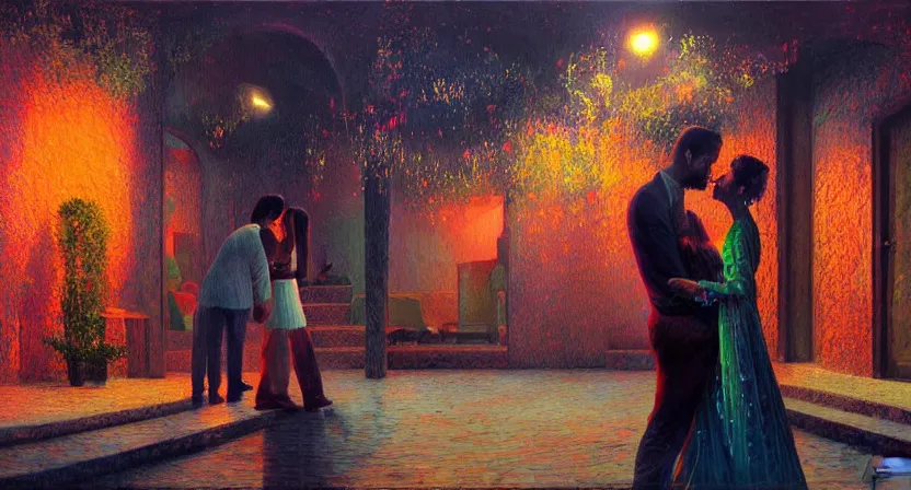 Image similar to lovers in the dark. art by salman toor. global illumination, radiant light, detailed and intricate environment, atmospheric light, cinematic, saatchi art