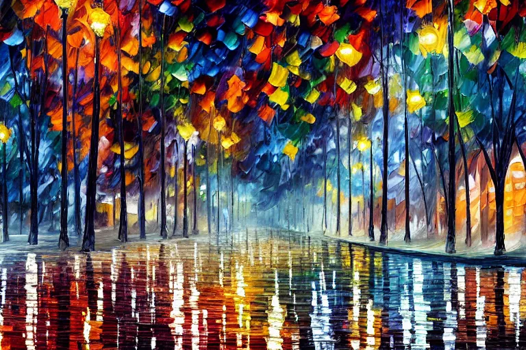 Image similar to a detailed painting of a park at night by leonid afremov and william de nuncques, rain puddles, a glitched dystopian city in the background, in foreground two plague doctors