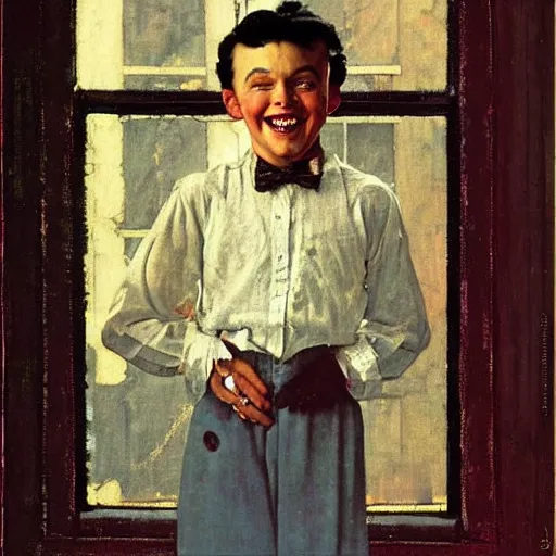 Image similar to smiling handsome young vampire count in the window. painting by Norman Rockwell.