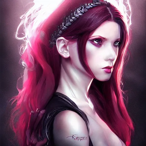 Image similar to princess of darkness, style of rutkowski, artgerm comic, piercing eyes, long glowing red hair, cinematic, highly detailed, award winning