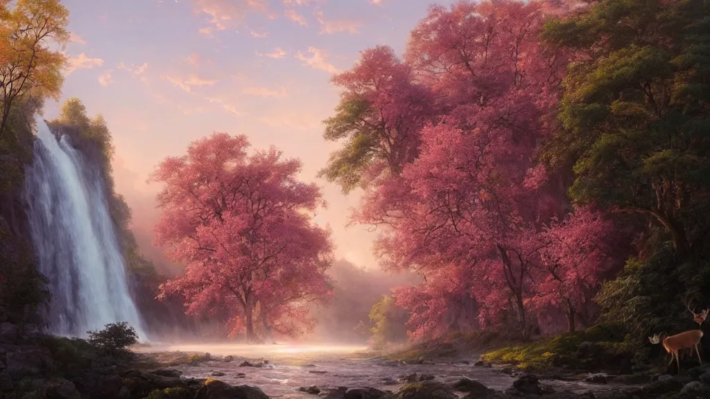 Prompt: the most beautiful panoramic landscape, oil painting, where a giant dreamy waterfall creates a river, the trees around are starting to bloom in pink colors, a majestic deer is in close - up and it is under a giant tree while it is exhaling steam, the ray lights of the sunrise are brightening him, by greg rutkowski
