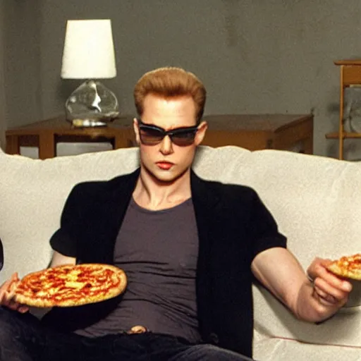 Image similar to Albert Wesker eating pizza on the couch, relaxed, photograph