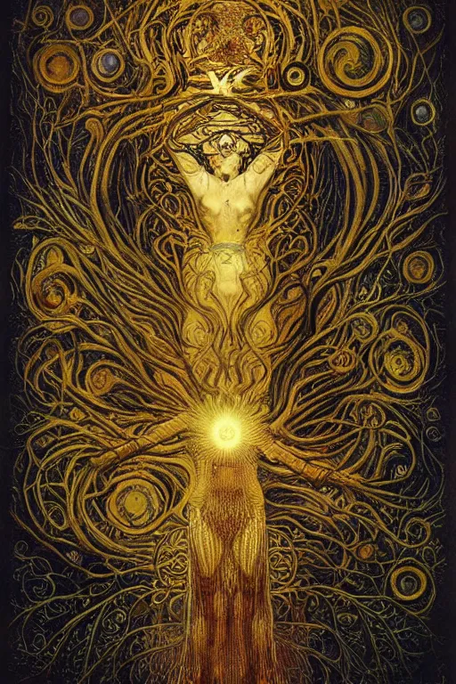 Image similar to Tree of Life by Karol Bak, Jean Deville, Gustav Klimt, and Vincent Van Gogh, mysterious, sacred geometry, Surreality, radiant halo, otherworldly, enigma, fractal structures, celestial, arcane, ornate gilded medieval icon, third eye, spirals