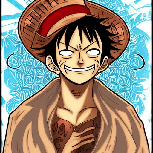 Image similar to monkey d. luffy in the style of alphonse mucha