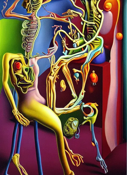 Prompt: an extremely high quality hd surrealism painting of a 3 d perspective neon complimentary - colors cartoon surrealism melting sculpture gallery cast glass biological anatomical dancer by a much more skilled version of kandinskypicasso and salvia dali the fourth, salvador dali's much much much much more talented painter cousin, 8 k, ultra realistic, very realistic, nerves, veins, neurons, 4 k