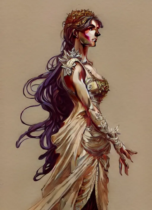 Image similar to portrait of a full body of beautiful female princess, d & d, baroque dress, flat lighting, intricate, muscular, highly detailed, digital painting, artstation, concept art, smooth, sharp focus, illustration, art by simon bisley and greg rutkowski and alphonse mucha, natural tpose