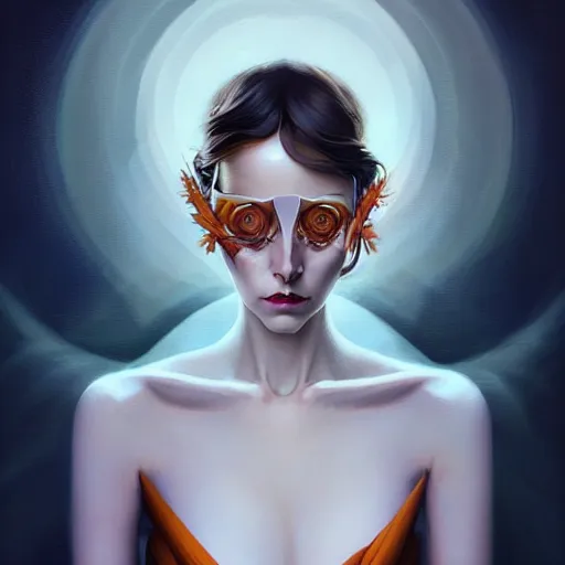 Image similar to in the style of joshua middleton, peter mohrbacher, artgerm, tom bagshaw, gorgeous stella maeve magician, realistic character concept, bird's eye overhead shot, elegant pose, spooky, illustration, symmetrical face and body, volumetric lighting, detailed realistic symmetrical eyes, 8 k, single face, insanely detailed and intricate elegant, autumn leaves