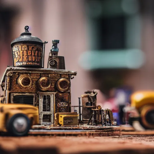 Prompt: macro photo of a miniature steampunk city, canon 8 0 d, canon 1 0 0 mm f / 2. 8
