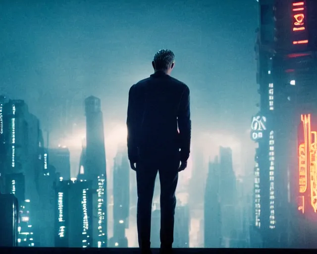 Prompt: 2 0 1 8 blade runner movie still man looking at the cityscape from roof, neon, back of body and head