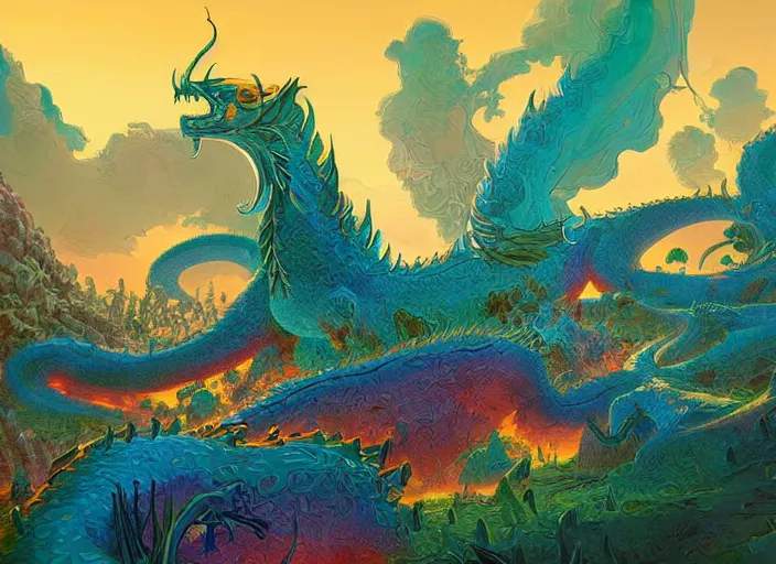 Image similar to psychedelic concept art painting of a dragon landscape made of thousands of dragons, cel shaded, in the style of makoto shinkai and moebius and peter mohrbacher and anton fadeev