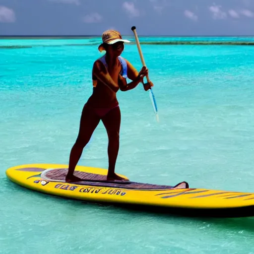 Image similar to a woman on a standup paddle board in the Maldives with a coconut drink, photo realistic, 8k