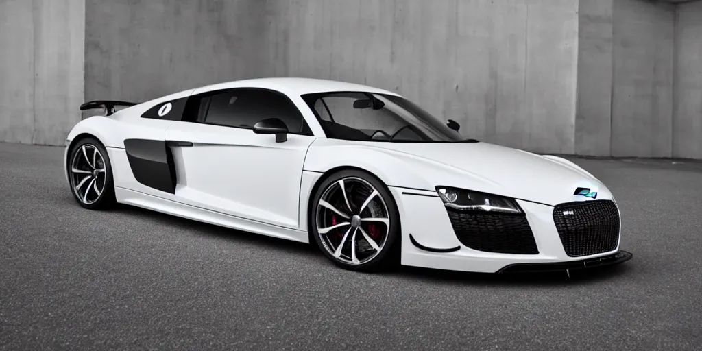 Image similar to Audi R8 if it was designed by christian von koenigsegg in a white showroom, 8k , photogragphy