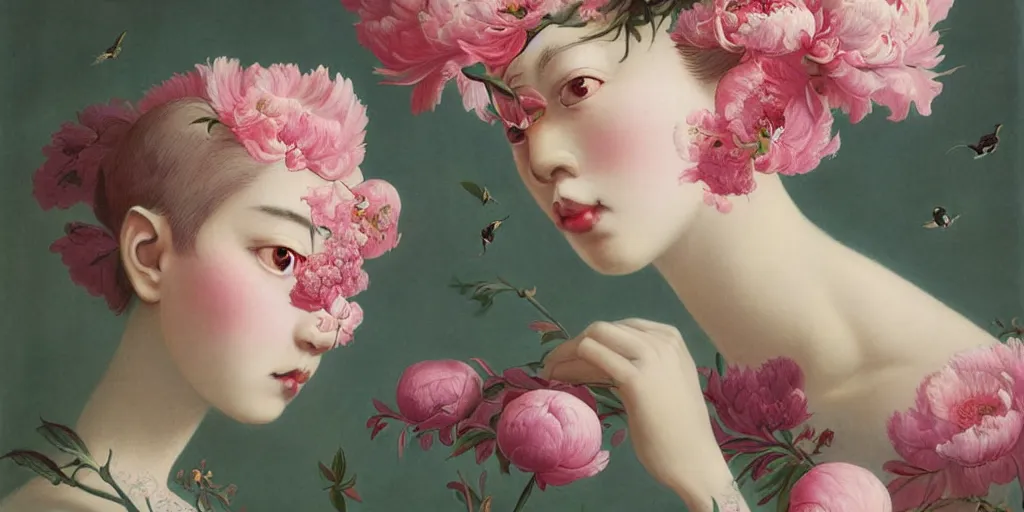 Image similar to breathtaking detailed concept art painting blend of pink short hair goddesses of peonies by hsiao - ron cheng with anxious piercing eyes, vintage illustration pattern with bizarre compositions blend of flowers and fruits and birds by beto val and john james audubon, exquisite detail, extremely moody lighting, 8 k