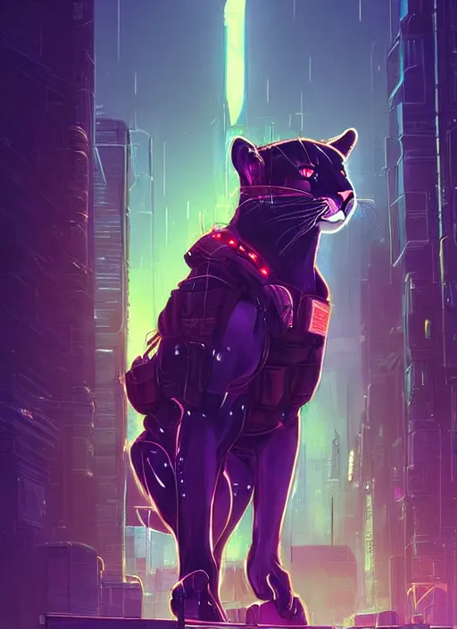 Image similar to beautiful portrait commission of a female furry anthro mountain lion wearing a bullet proof vest and cargo pants. Cyberpunk city at night in the rain. Neon light. Atmospheric. Character design by charlie bowater, ross tran, artgerm, and makoto shinkai, detailed, inked, western comic book art