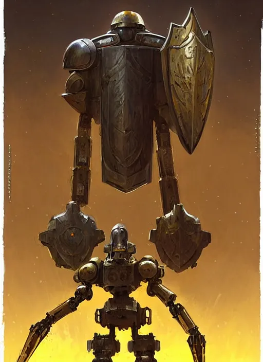 Image similar to tall strong intricate yellow pit droid holding large paladin medieval shield!!! and a long medieval engraved powerful great sword, pancake short large head painterly humanoid mecha, beautiful fantasy background by Greg Rutkowski