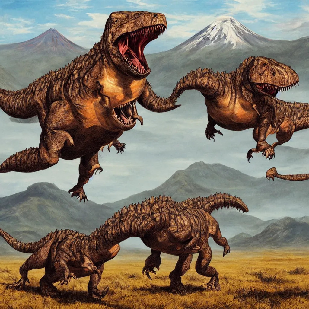 Image similar to a highly-detailed painting of a large t-rex walking through a vast savanna with mountains and volcanoes in the background