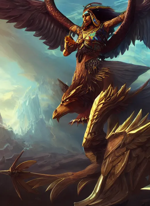 Image similar to winged beast of ancient egypt concept art, digital illustration, trending on artstation, epic composition, scenic background, 8 k uhd, masterpiece, league of legends splash art, highly detailed, perfect lineart