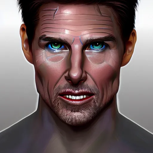 Image similar to cybernetic cyborg tom cruise, sharp lines, digital, artstation, colored in