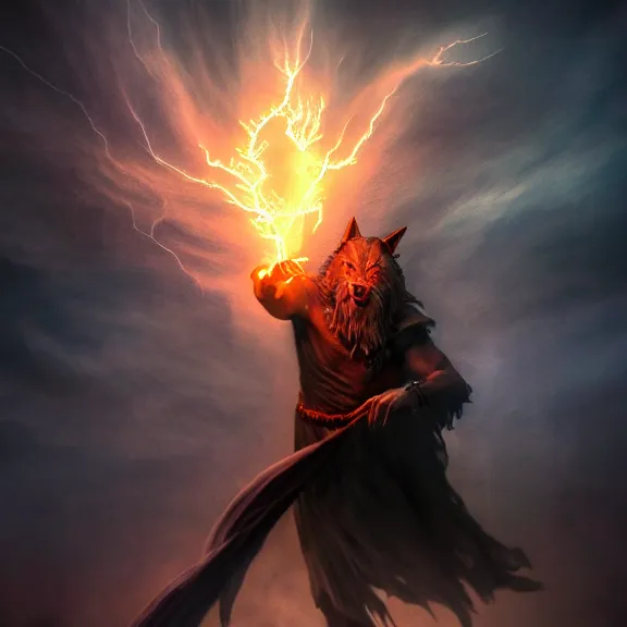 Prompt: magic humanoid strong wolf sorcerer casting a powerful arcane magic spell, fire, ice, lightning, fantasy, occult, mystical, majestic pose, dramatic lighting, cinematic scene, frank frazetta, visually stunning, sharp focus, highly detailed, colorful, trending on artstation, unreal engine, octane render, cgsociety, artgerm, award - winning