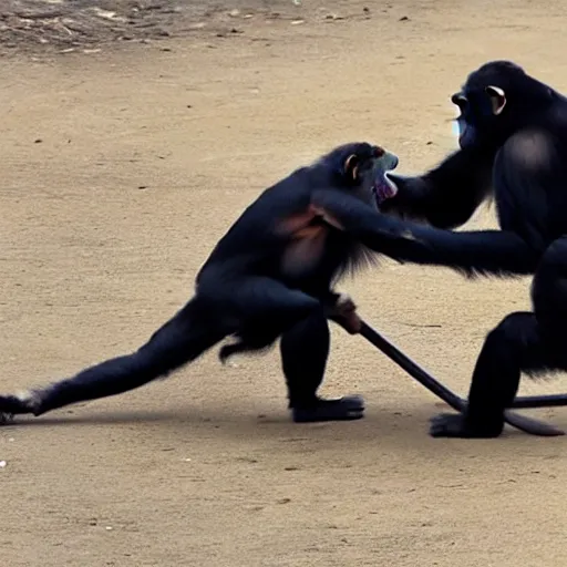 Prompt: chimpanzee fighting a tiger with a sledgehammer, phone recording,