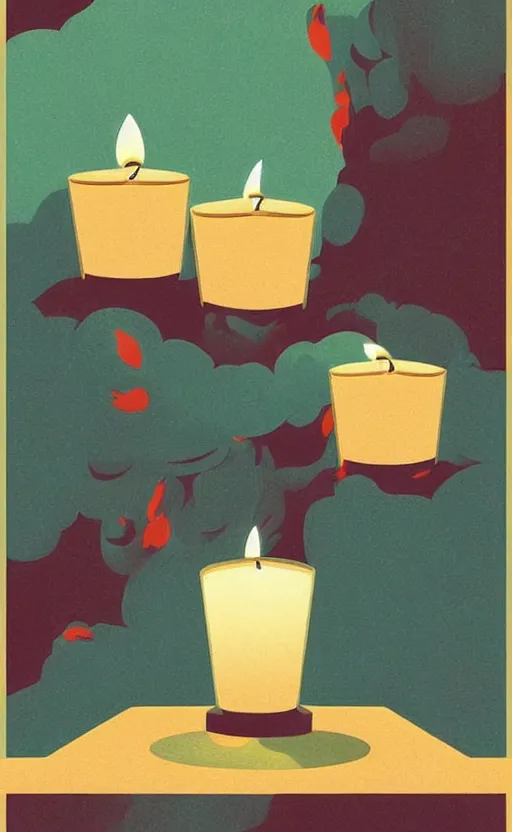 Prompt: illustration with a set of beautiful scented candles, close - up photo in cozy interior, pinterest, an art deco painting by tom whalen, trending on behance, art deco, digital illustration, storybook illustration, grainy texture, flat shading, vector art, airbrush, pastel, watercolor, poster