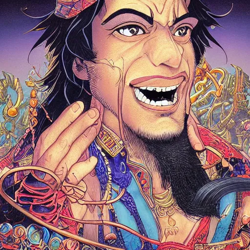 Prompt: portrait closeup of crazy aladdin genie, symmetrical, by yoichi hatakenaka, masamune shirow, josan gonzales and dan mumford, ayami kojima, takato yamamoto, barclay shaw, karol bak, yukito kishiro