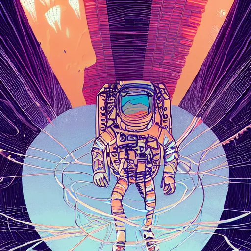 Image similar to !dream Stunningly intricate illustration of a scared astronaut explorer running in Mars trough 3 columns of white neon light of infinite height, highly detailed, midnight, by Victo Ngai and James Gilleard , Moebius, Laurie Greasley