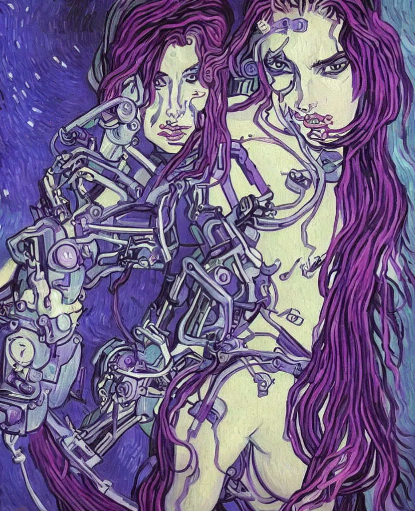 Image similar to A beautiful painting of a cyberpunk girl with purple hair and an a huge robot arm sensual stare, augmentations and cybernetic enhancements neon circuits, Painted by Vincent Van Gogh ❤️‍🔥 🔥 💀 🤖 🚀