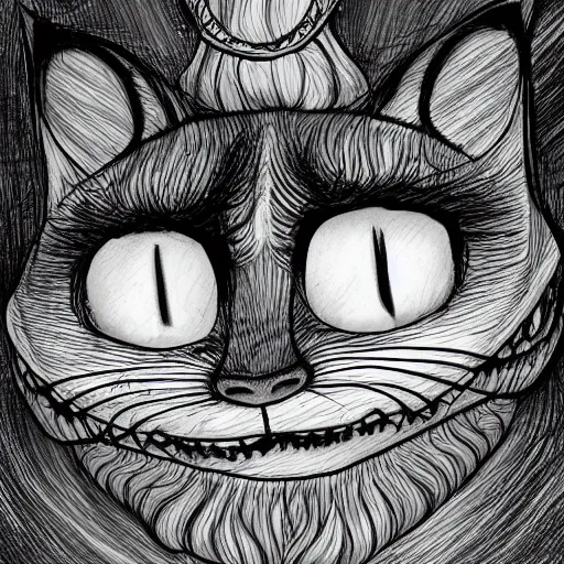 Prompt: cheshire cat from alice in wonderland as drawn by savlador dali