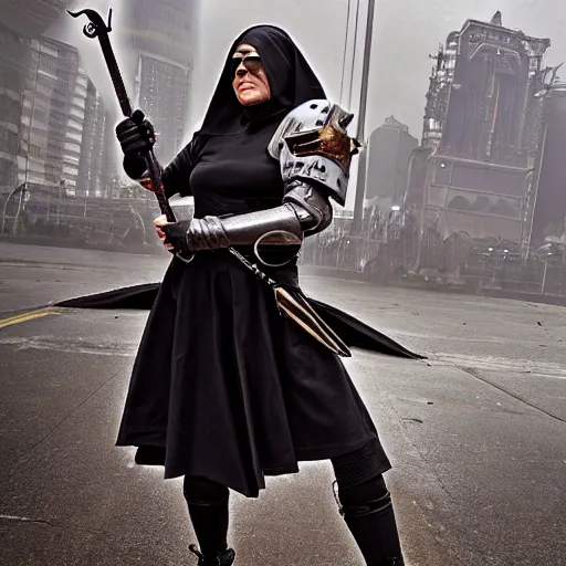 Image similar to photo of a fantasy cyberpunk nun warrior