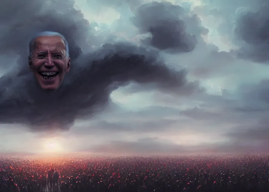 Image similar to large abstract painting of giant grinning evil dark dynamic Joe Biden head emerging from cosmic clouds at giant immense crowd of person army, trending on ArtStation, masterpiece, by Greg Rutkowski, by Ross Tran, by Fenghua Zhong, octane, lightbeam eyes, soft render, clear facial features, oil on canvas,, moody lighting, cinematic, professional environment concept art