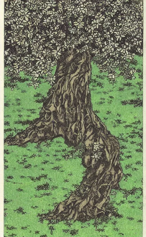 Image similar to by akio watanabe, manga art, tree lead clover on the soil, trading card front