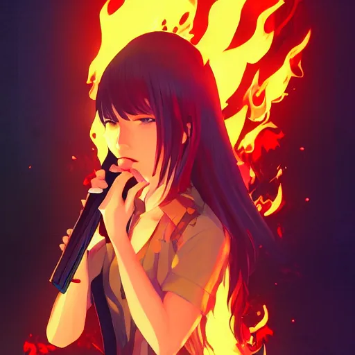 Prompt: Nakamura Aya like a guitarist surrounded by flames by Ilya kuvshinov and Krenz cushart, pixel art, character portrait