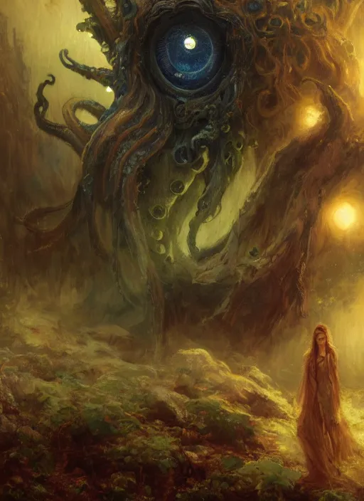 Image similar to my bed is a forest with a giant cthulhu eyes in the night star galaxie by gaston bussiere, anna nikonova aka newmilky, greg rutkowski, yoji shinkawa, yoshitaka amano, moebius, donato giancola, geoffroy thoorens, trending on artstation, featured on pixiv, cinematic composition