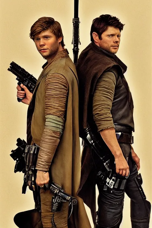 Image similar to a detailed matte portrait of jensen ackles dressed as has solo and misha collins as luke skywalker, masterpiece, 8 k, art by alphonse mucha and greg rutkowski