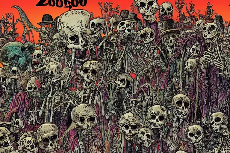 Prompt: scene from zoo, day of all the dead, skeletons, artwork by jean giraud