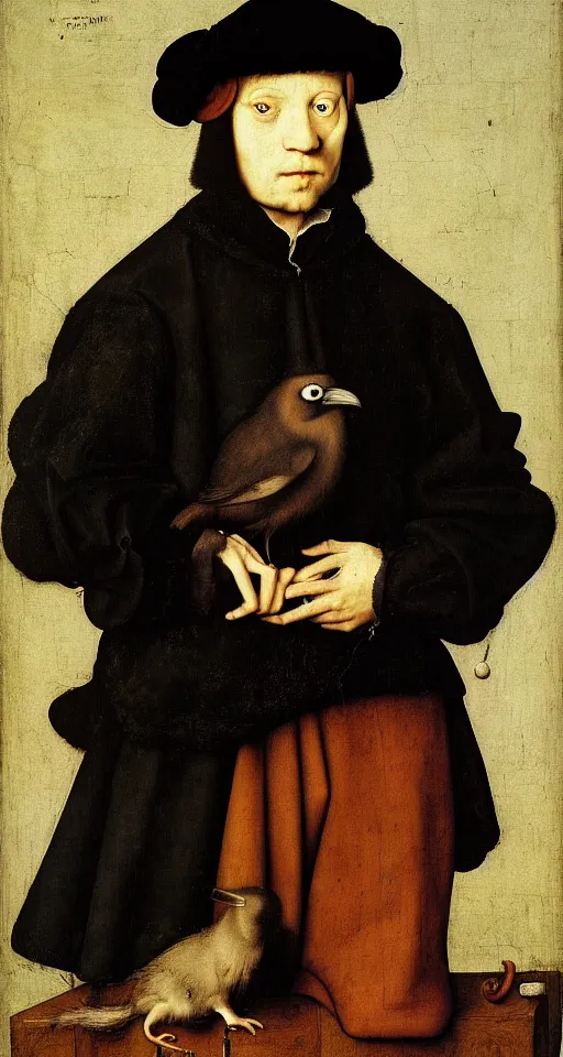 Image similar to painted portrait of a gloomy boy with a rat and a raven, 1 6 th century, hans holbein the younger, jan van eyck, gerit dou,