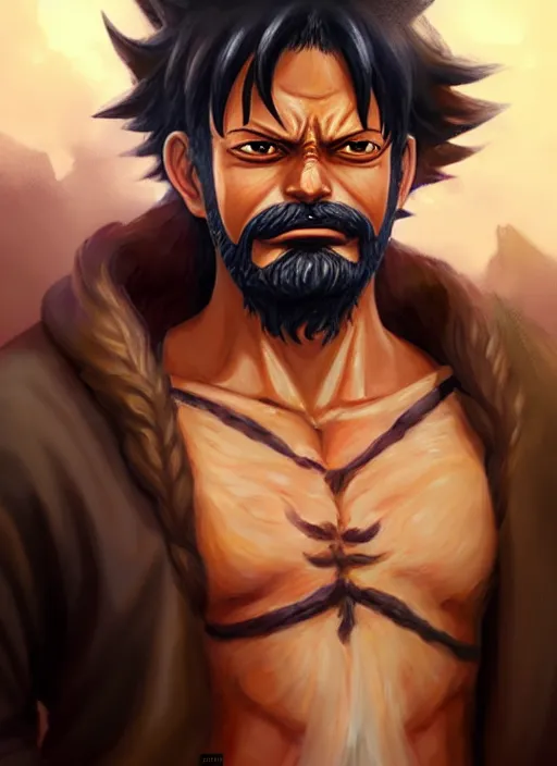 Image similar to luffy as _ fantasy _ style _ portrait _ painting _ of middle eastern male brown wavy hair beard, rpg dnd oil _ painting _ unreal _ 5 _ daz. _ rpg _ portrait _ extremely _ detailed _ artgerm _ greg _ rutkowski _ greg