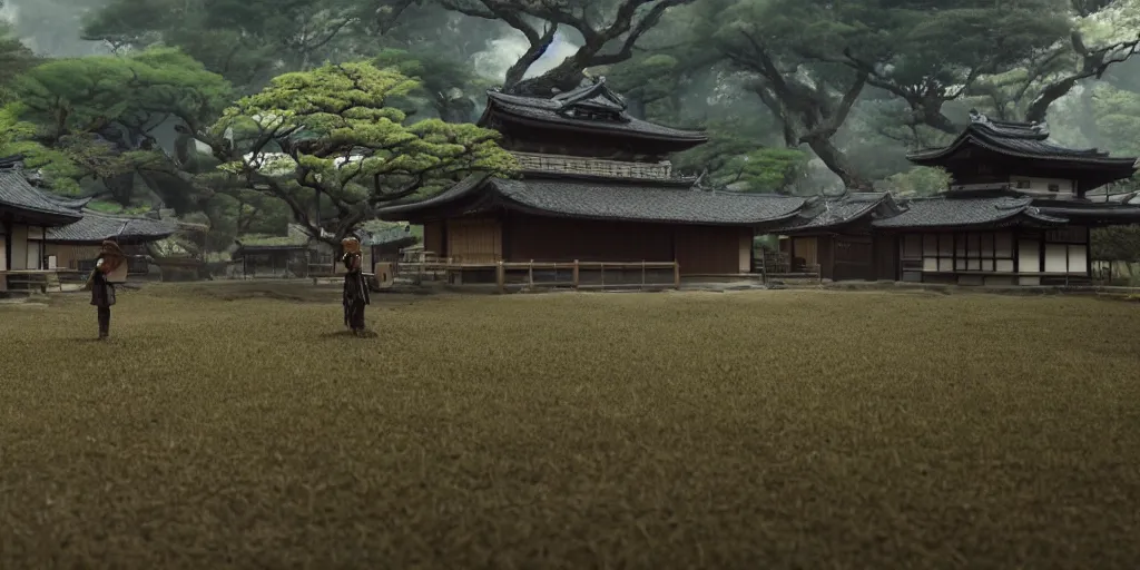 Prompt: a film still of a japanese samurai village in a japanese blockbuster film, landscape, shallow depth of field, cinematic, award winning cgi, vfx, film still
