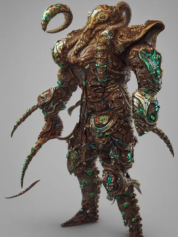 Image similar to full body frontview portrait of a fighter in octopus - like - armour, d & d character design, designed in blender, 8 k hd, octane render, intricate and highly detailed, coloured with lots of colour, pose, fantasy, sharp focus, realistic